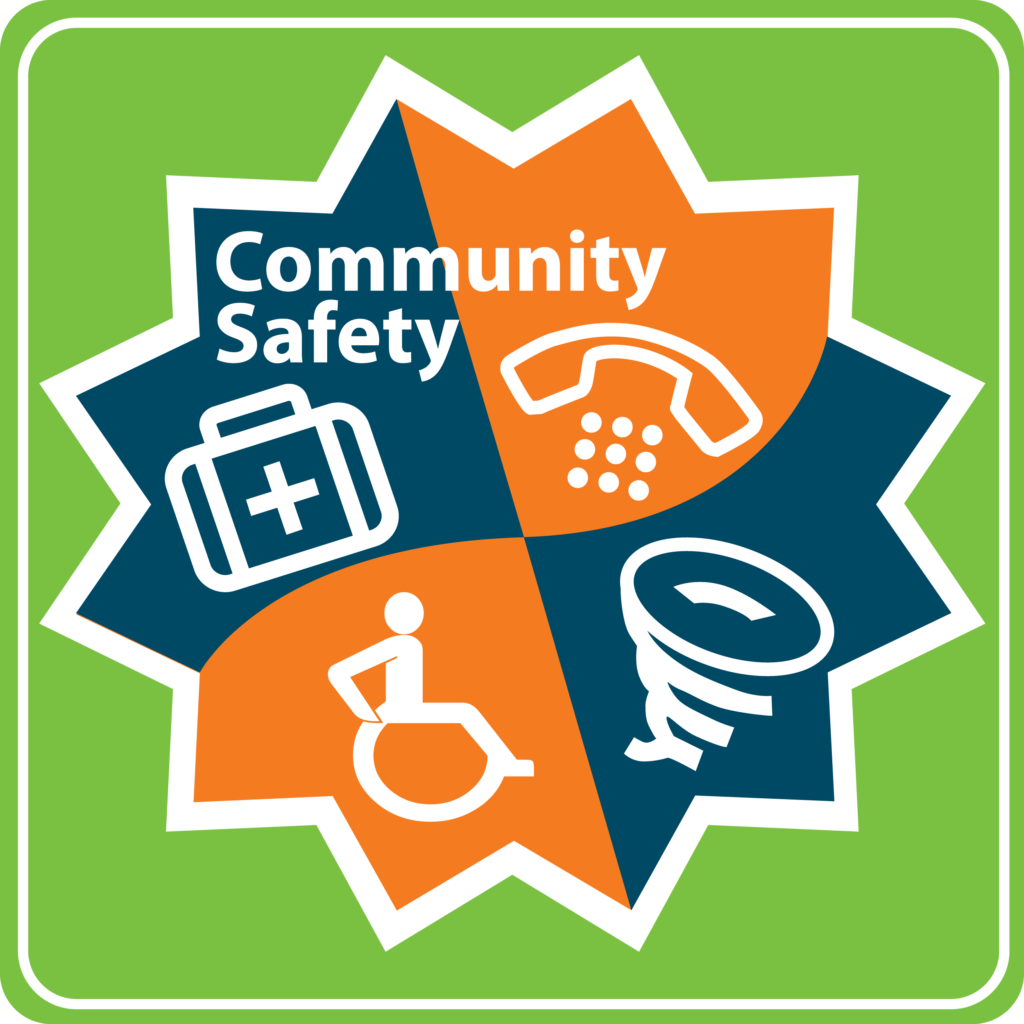 Community Safety graphic featuring multiple safety‑related icons.